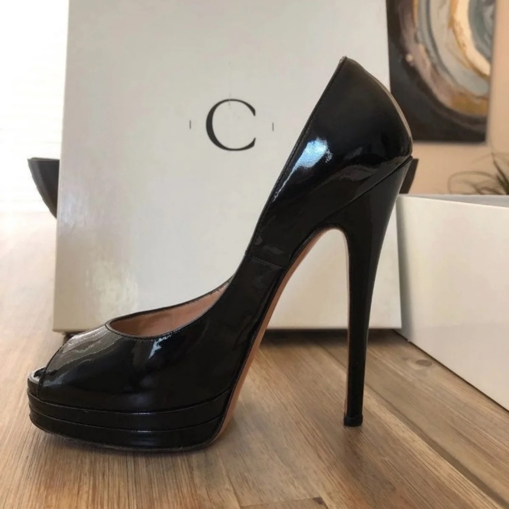 Casadei Black Patent Platform Peeptoe Heels